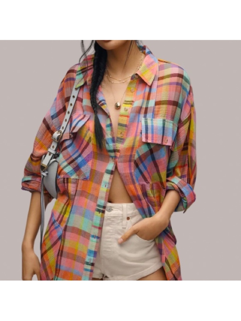 Pilcro Anthropologie Mixed Madras Plaid Gauzy Button Down Shirt sLP XLP petite